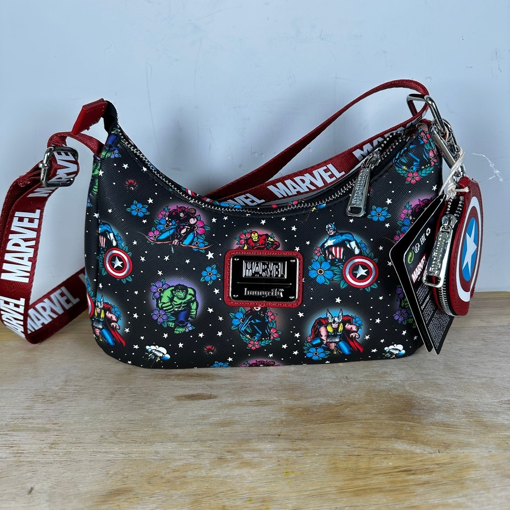Loungefly Marvel Avengers Tattoo Shoulder Bag Crossbody Purse Hulk Thor Cap Iron